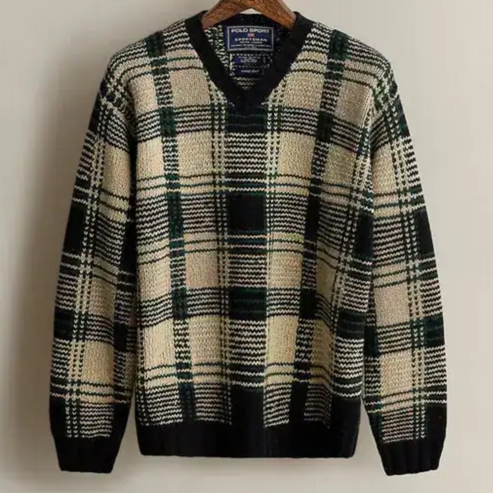 *RARE* Vintage Polo Ralph Lauren Plaid Knit V-Neck Wool Han Knit 90s Sweater